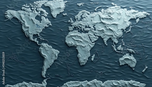 A textured relief map of the world, showcasing continents and oceans in a stylized, three-dimensional design.