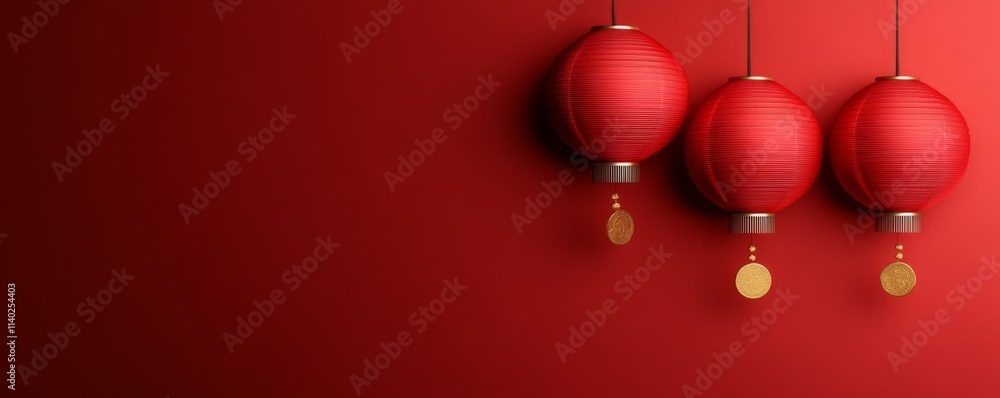 Three red lanterns hang against a smooth red background, symbolizing celebration and good fortune, often associated with cultural festivities. Three red lanterns hang against a smooth red background, symbolizing celebration and good fortune, often associated with cultural festivities.