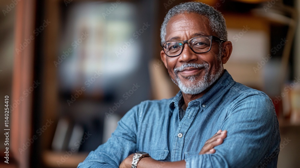 Smiling senior man with crossed arms and glasses posing in home office Smiling senior man with crossed arms and glasses posing in home office