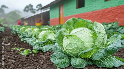 A close-up view of healthy cabbages growing in a green field, highlighting vibrant colors and rich soil in a rural area of Guatemala. photo