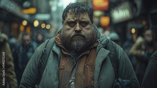 A Man Stands Alone In A Busy City Street