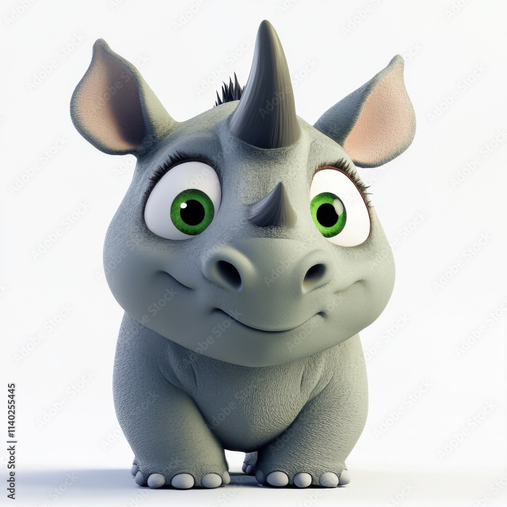 Cute Sumatran rhinoceros cartoon, 3D rendering with white background, playful style, smooth textures, woodland-green eyes, minimalist design Cute Sumatran rhinoceros cartoon, 3D rendering with white background, playful style, smooth textures, woodland-green eyes, minimalist design