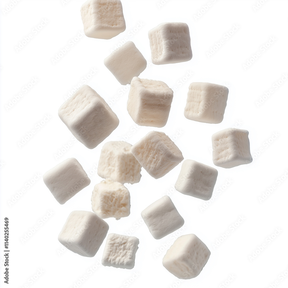 White marshmallow cubes falling on white background White marshmallow cubes falling on white background