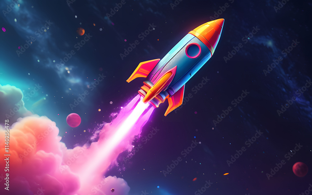A stylized rocket, glowing with vibrant neon accents, ascending through a misty cosmic space A stylized rocket, glowing with vibrant neon accents, ascending through a misty cosmic space