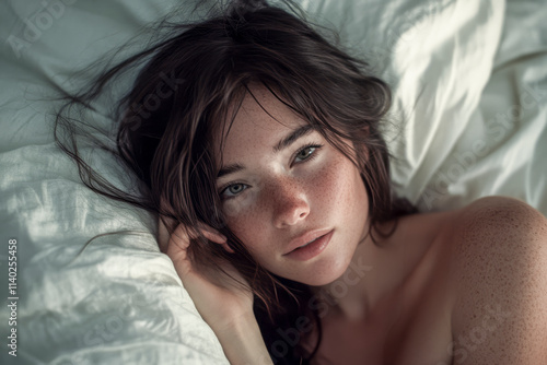 Intimate portrait of a young woman with freckles and dark hair resting on white bedding, exuding natural beauty and serenity.