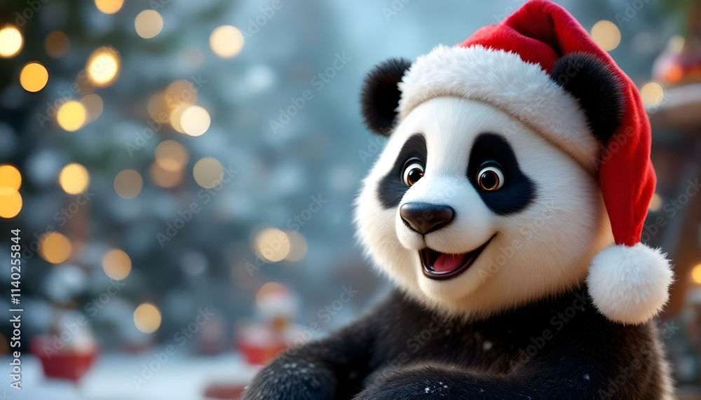 Adorable Panda Bear Wearing Santa Claus Hat in Snowy Winter Scene Adorable Panda Bear Wearing Santa Claus Hat in Snowy Winter Scene