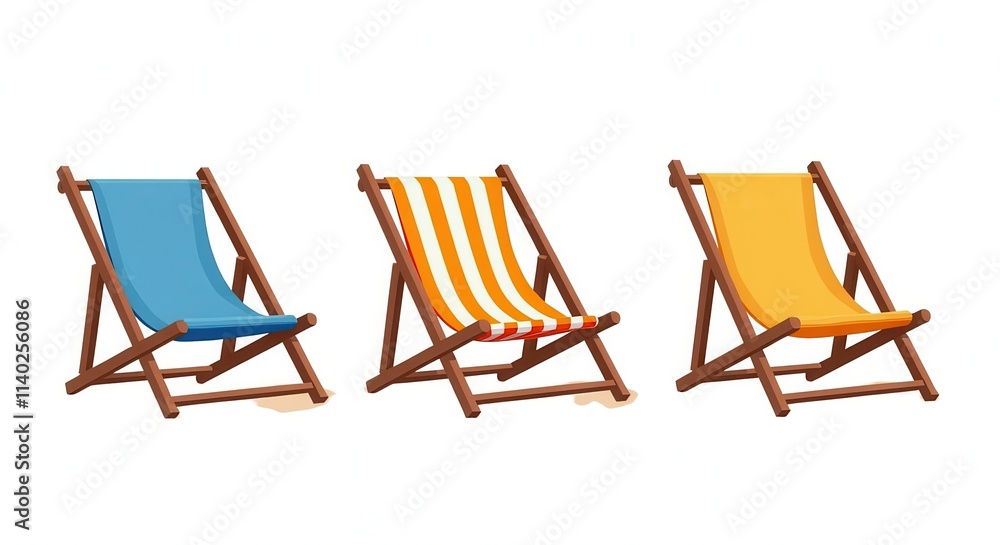 Colorful Beach Deck Chairs Illustration Set - Vibrant Summer and Leisure Concept with Blue, Striped, and Yellow Chairs Colorful Beach Deck Chairs Illustration Set - Vibrant Summer and Leisure Concept with Blue, Striped, and Yellow Chairs