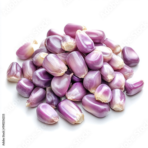 Purple corn kernels piled on white background representing healthy eating