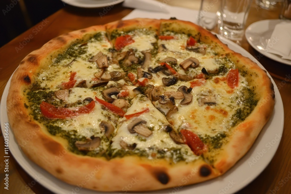 varied selection basil pesto mushroom pizza varied selection basil pesto mushroom pizza