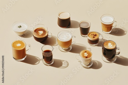 Variety of classic coffee drinks in different cup sizes displayed on a beige surface from a high angle