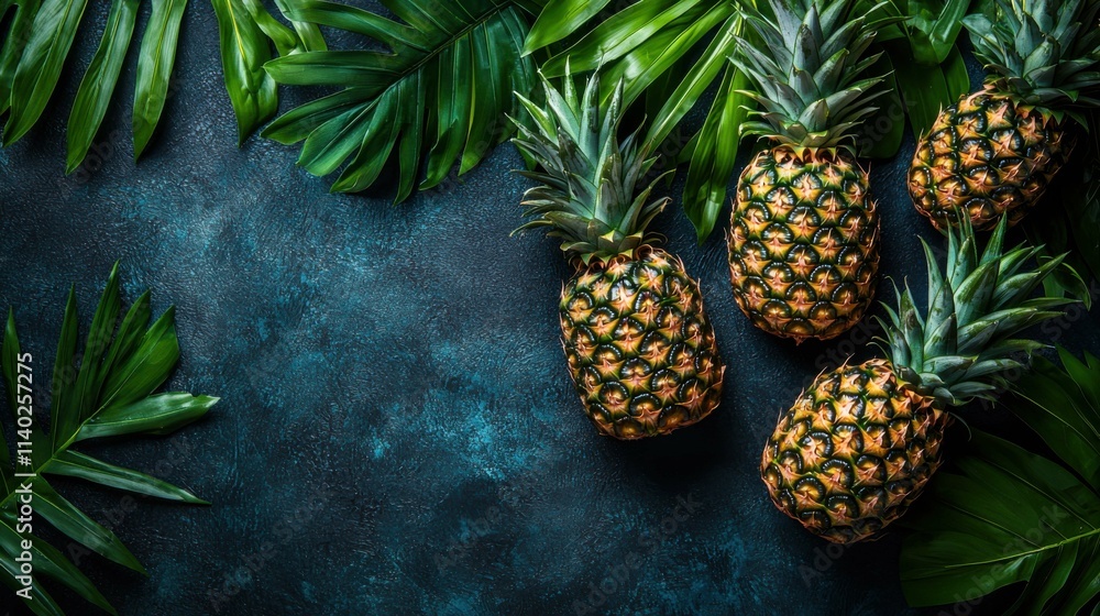A vibrant image featuring ripe pineapples surrounded by lush green leaves on a textured blue surface, showcasing a tropical theme. A vibrant image featuring ripe pineapples surrounded by lush green leaves on a textured blue surface, showcasing a tropical theme.