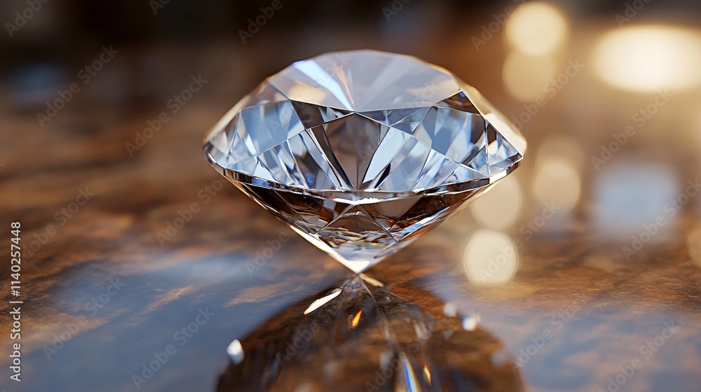 Large clear sparkling diamond resting on polished wood surface Large clear sparkling diamond resting on polished wood surface