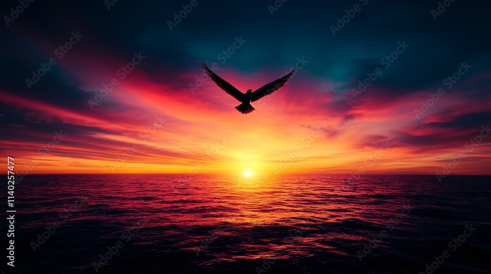 Silhouette of a bird flying above a vibrant sunset over the ocean. Silhouette of a bird flying above a vibrant sunset over the ocean.