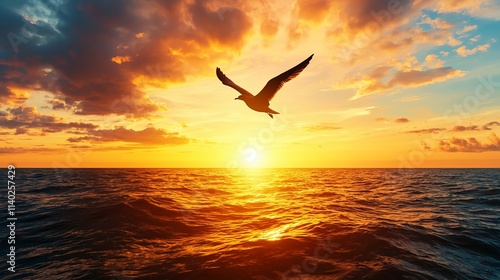 A seagull flies over a vibrant sunset reflecting on the ocean waves. photo