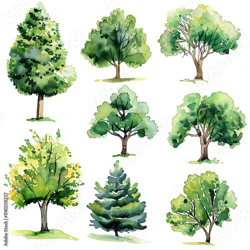Set of watercolor green tree isolated on white background for landscape and architecture drawing, elements for environment and garden, botanical for section in spring. Watercolor trees collection