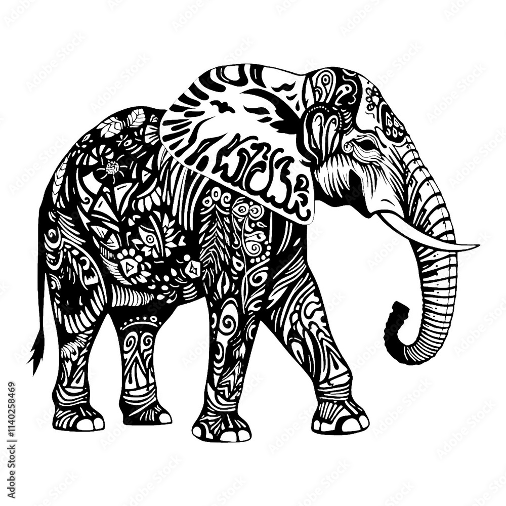 Fototapeta premium Ornate Elephant Illustration: A detailed and intricate line drawing of an elephant, adorned with elaborate patterns and motifs, showcasing the beauty of nature's majesty and symbolic strength. 