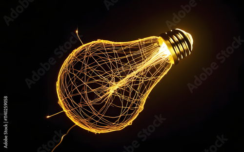 A light bulb, with glowing threads forming a complex network inside, levitating in space photo