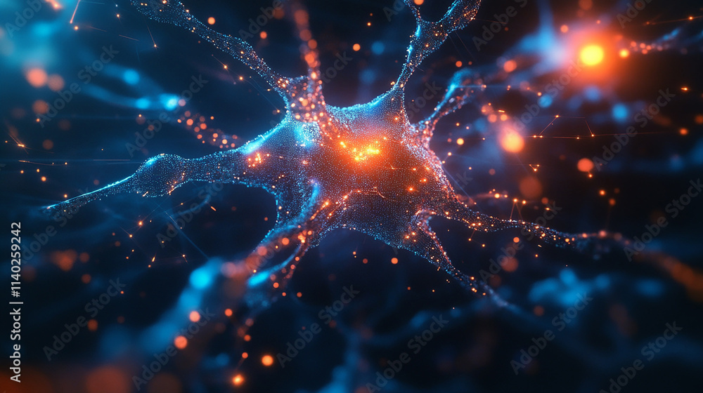 Obraz premium A close up of a brain with a blue and orange glow. The image is of a neuron, which is a nerve cell. The neuron is surrounded by a blue and orange glow, which gives the image a surreal