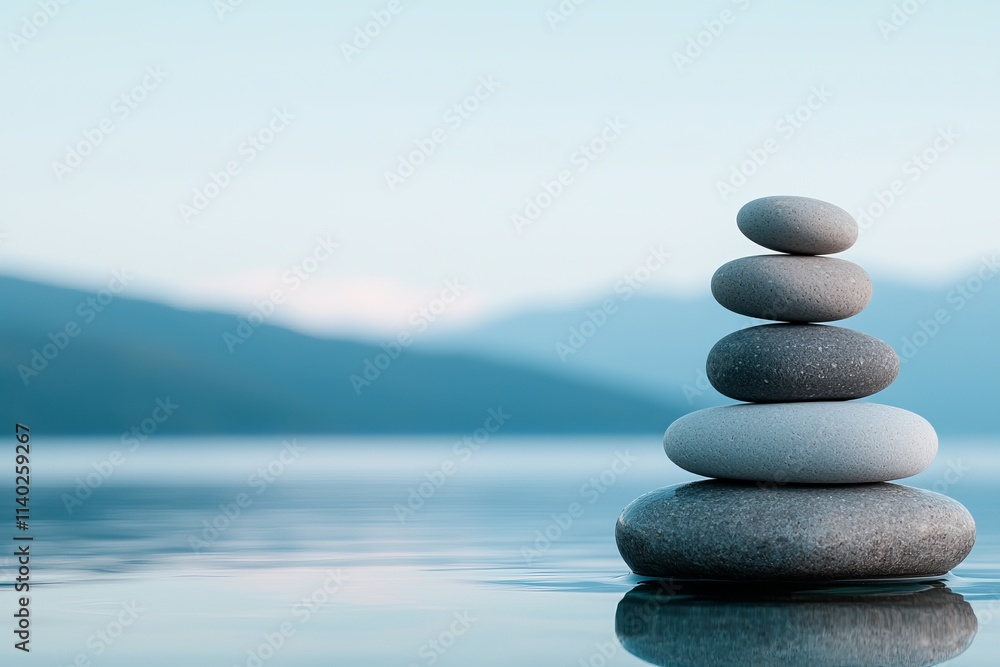 Stacked stones create a tranquil scene by the water with a soft background of mountains. Stacked stones create a tranquil scene by the water with a soft background of mountains.