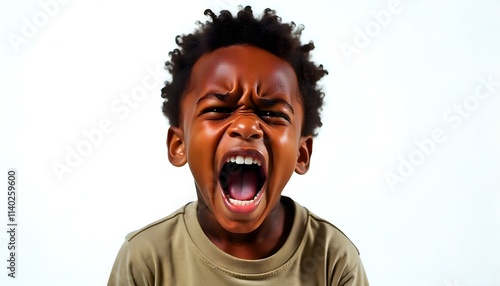 Angry boy isolated on a white background with copy space, black African American photo