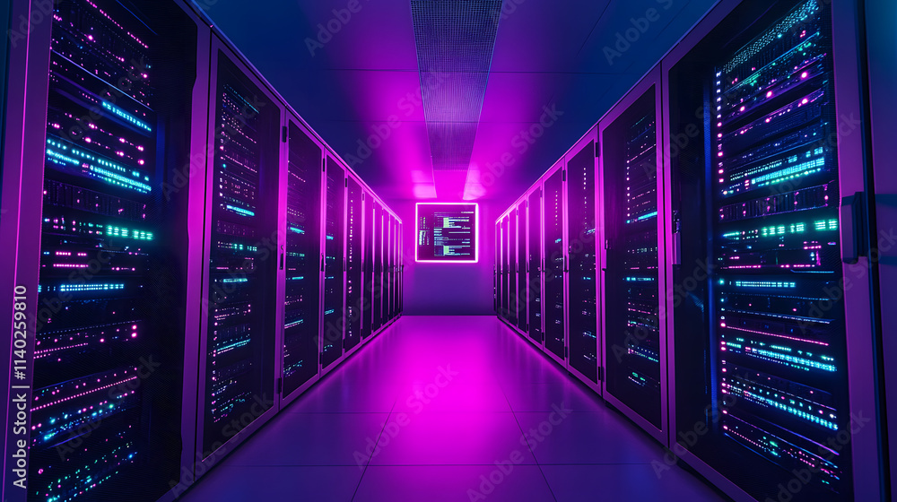 Fototapeta premium Futuristic Server Room Neon Lights and High-Tech Data Center Infrastructure