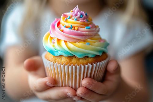 Generative AI Image of a Happy Child Smiling While Enjoying Sweets, Candies, and Bakery Treats photo