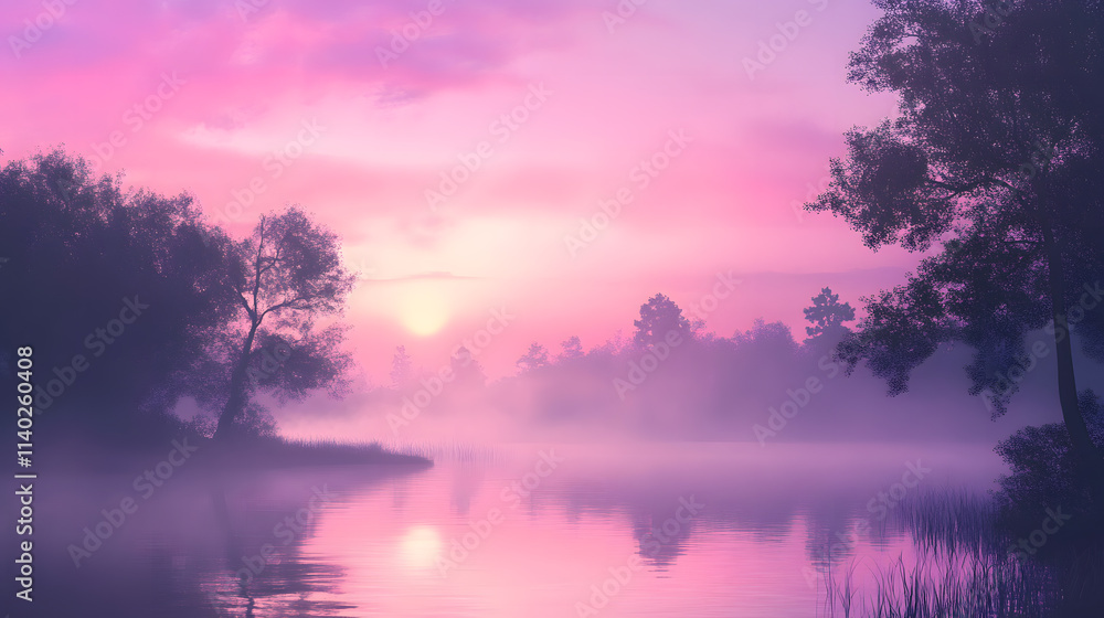 Fototapeta premium Serene Sunrise Over Misty Lake Lavender Hues and Silhouetted Trees
