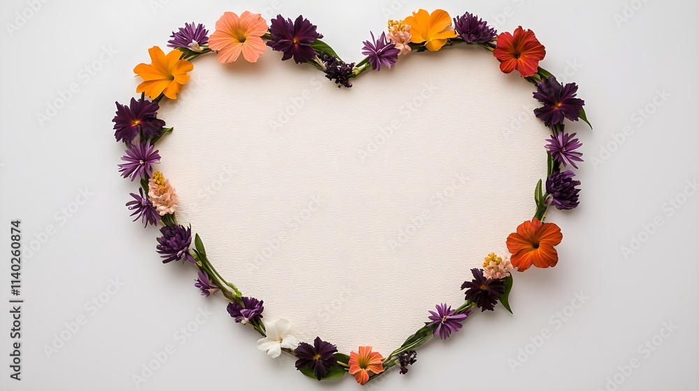 Heart-shaped floral arrangement on textured background Heart-shaped floral arrangement on textured background