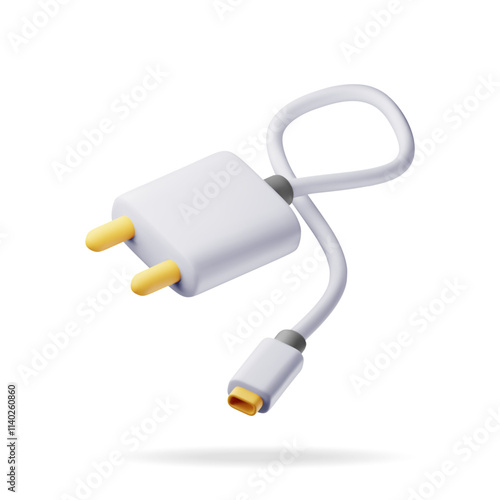 3d white USB charger isolated on white. Render data transfer wire charger. Connector or plug for gadgets. Device for charging, Electronic equipment. Vector illustration