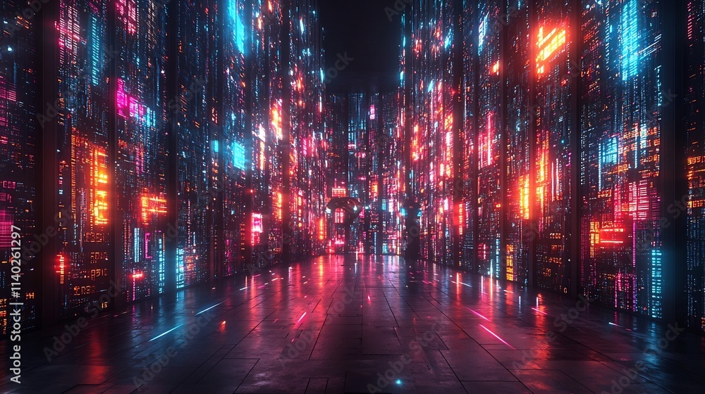 Obraz premium Robotic Arm Orchestrating Automated Logistics in Glowing High Tech Warehouse