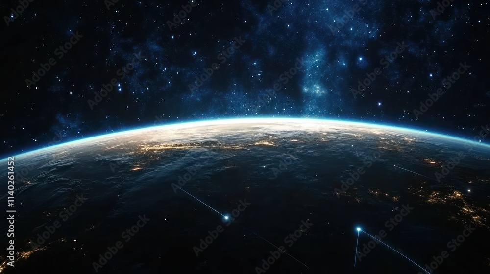 Fototapeta premium Earth from space at night, with city lights visible, meteors streaking across the dark cosmos.
