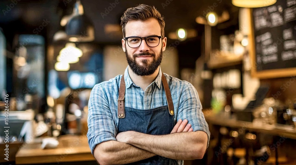 Portrait of confident barista smiling with crossed arms in coffee shop Portrait of confident barista smiling with crossed arms in coffee shop