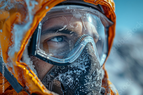 Close up photo of a figure wearing a raincoat and gas mask photo