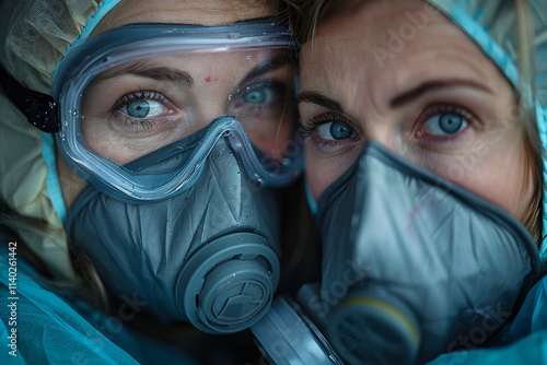 Close up photo of a figure wearing a raincoat and gas mask photo