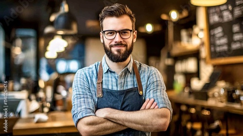 Portrait of confident barista smiling with crossed arms in coffee shop