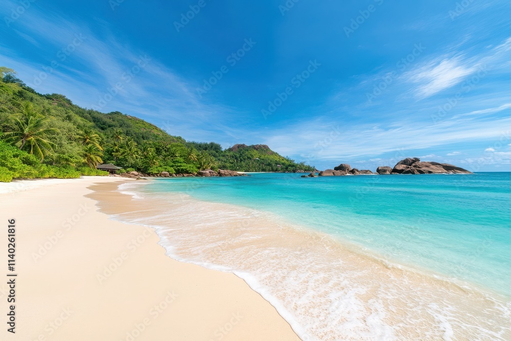 A serene beach scene featuring clear turquoise waters, soft sand, and lush greenery under a bright blue sky. A serene beach scene featuring clear turquoise waters, soft sand, and lush greenery under a bright blue sky.