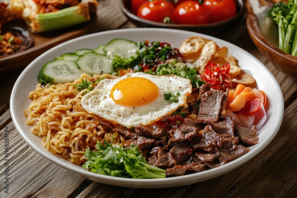 A popular Indonesian dish features tasty beef noodles with eggs and vegetables served on white plates on a wooden table A popular Indonesian dish features tasty beef noodles with eggs and vegetables served on white plates on a wooden table