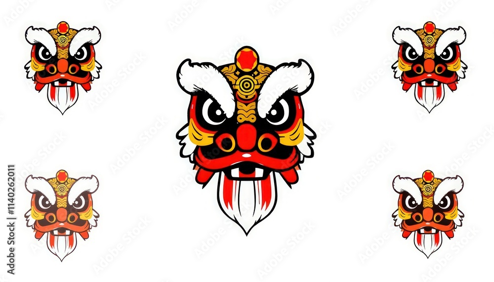 Obraz premium Lion Dance - Chinese Lion Dance Head Isolated - Lion Dance Head Icon - Barongsai Head Design - Icon Set - Set Of Lion Dance - Red Lion Dance
