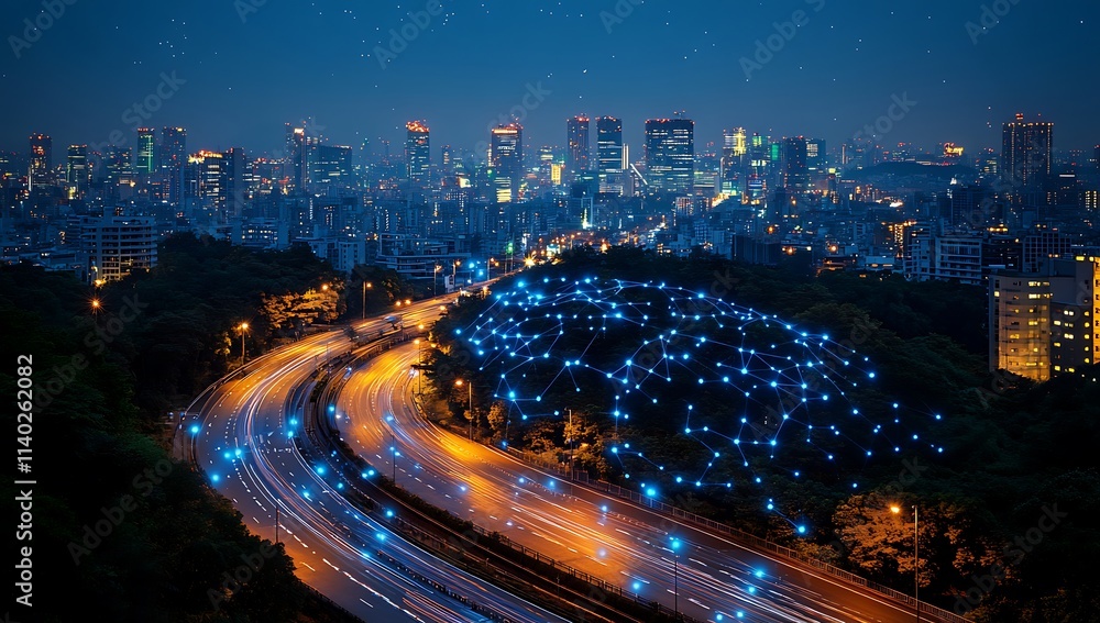 Fototapeta premium Night Cityscape Highway Illuminated Network Connections