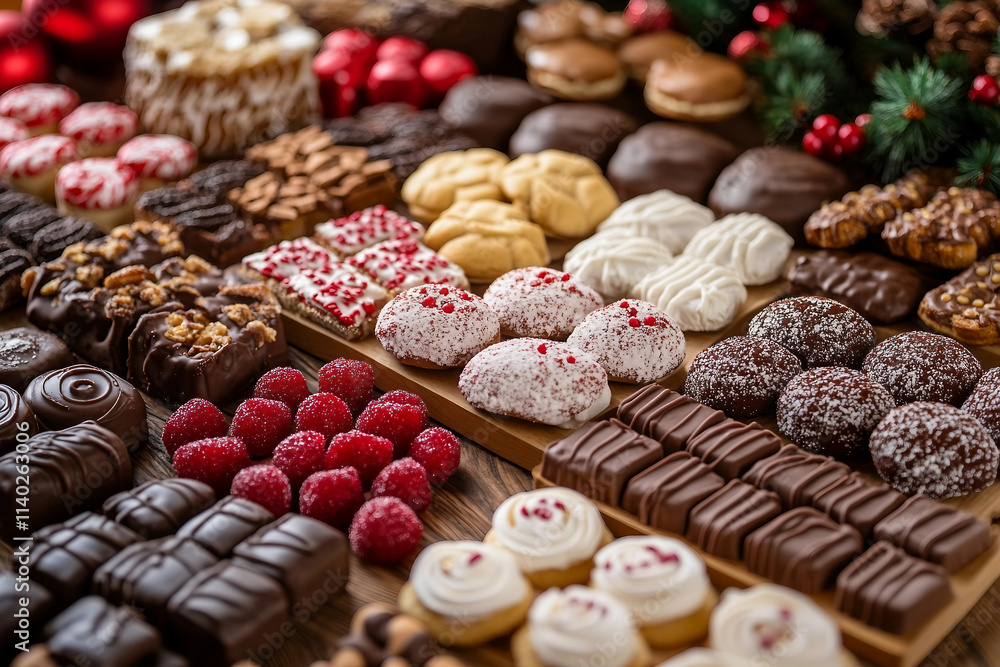 Generative AI Image of a Christmas and New Year Table Served with Plenty of Desserts, Pastries, and Festive Treats Generative AI Image of a Christmas and New Year Table Served with Plenty of Desserts, Pastries, and Festive Treats