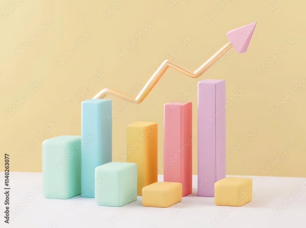 Pastel 3D bar chart with upward arrow, growth concept. Pastel 3D bar chart with upward arrow, growth concept.