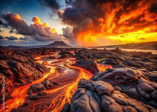 Azores Lava Flow: Vintage Volcanic Landscape Photography, Dramatic Island Scenery, Retro Travel Photo