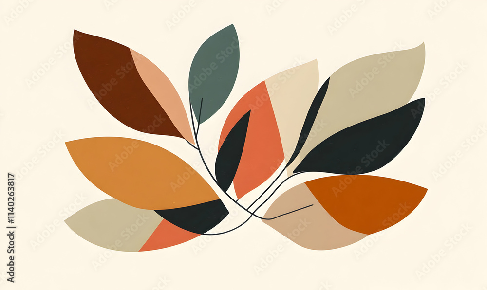 Naklejka premium Abstract illustration of colorful leaves arranged artistically on a light background.