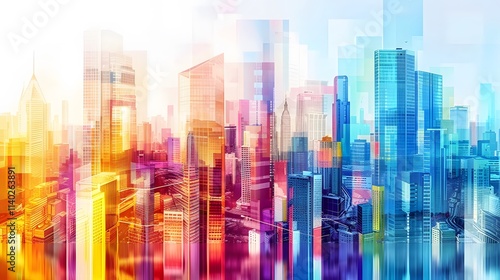 Colorful Abstract Cityscape with Tall Buildings and Urban Elements