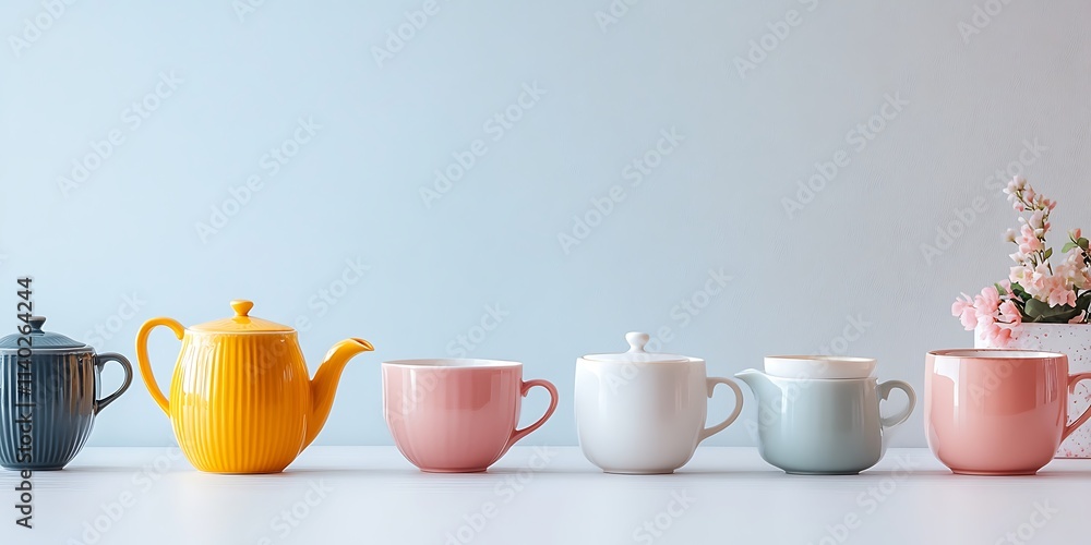 A set of tea cups arranged on a white table A set of tea cups arranged on a white table