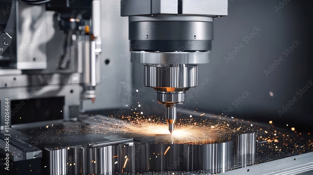 CNC machine precisely cuts metal, sparks flying. CNC machine precisely cuts metal, sparks flying.