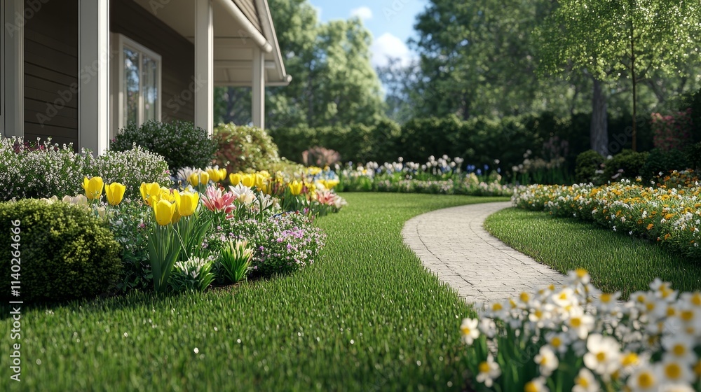 Vibrant Spring Garden Blooming with Tulips and Daffodils in Neatly Arranged Flower Beds, Creating a Fresh and Fragrant Atmosphere - Photorealistic Scene Vibrant Spring Garden Blooming with Tulips and Daffodils in Neatly Arranged Flower Beds, Creating a Fresh and Fragrant Atmosphere - Photorealistic Scene