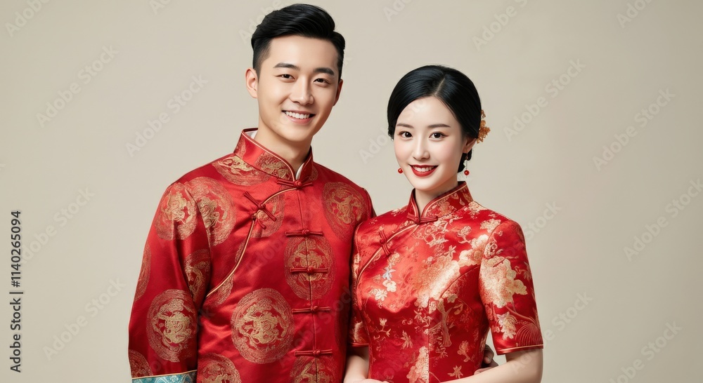 Elegant asian couple in traditional red attire for wedding celebration Elegant asian couple in traditional red attire for wedding celebration