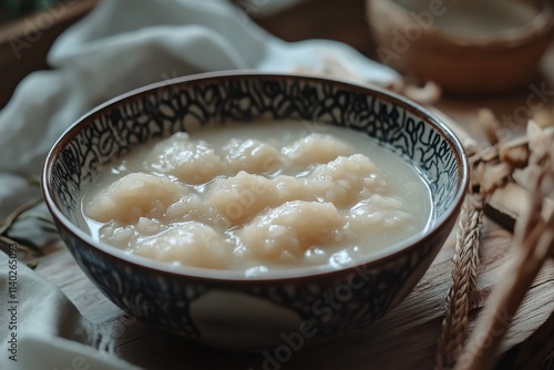 A traditional Vietnamese winter dessert featuring small sweet rice balls filled with mung bean paste served in a sweet soup photo