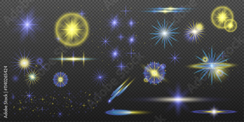 Set of light effects isolated flare explosion shiny line dust solar flare star spark neon light holidays festival, vector element blue yellow